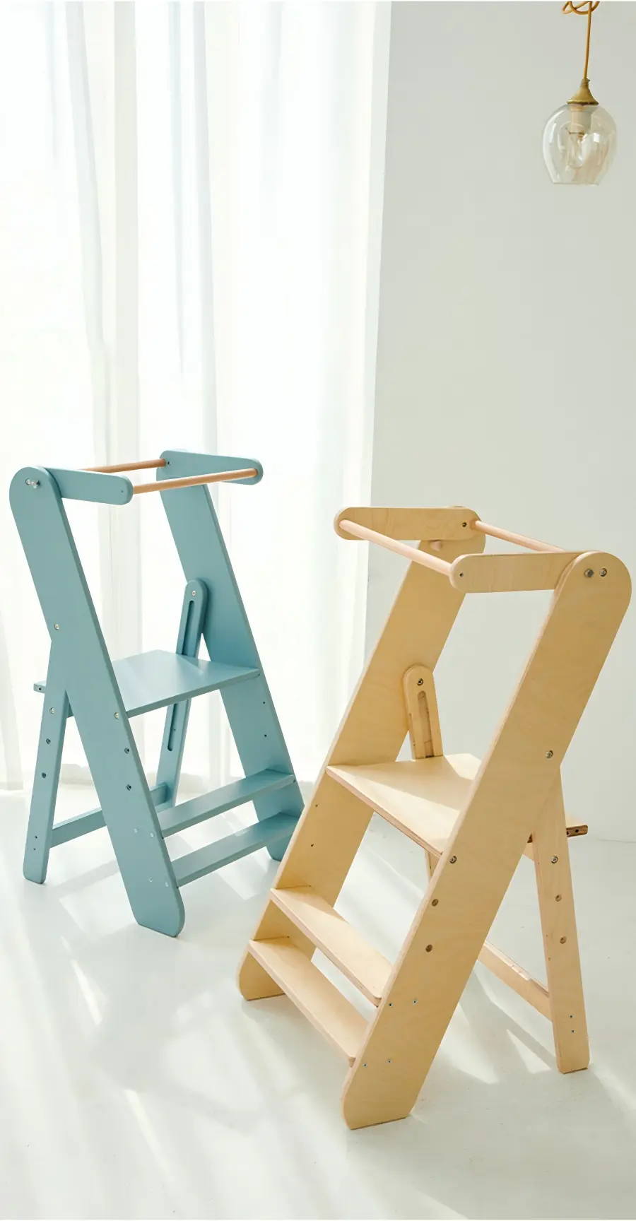 Foldable wooden learning towers shown open and in compact storage positions