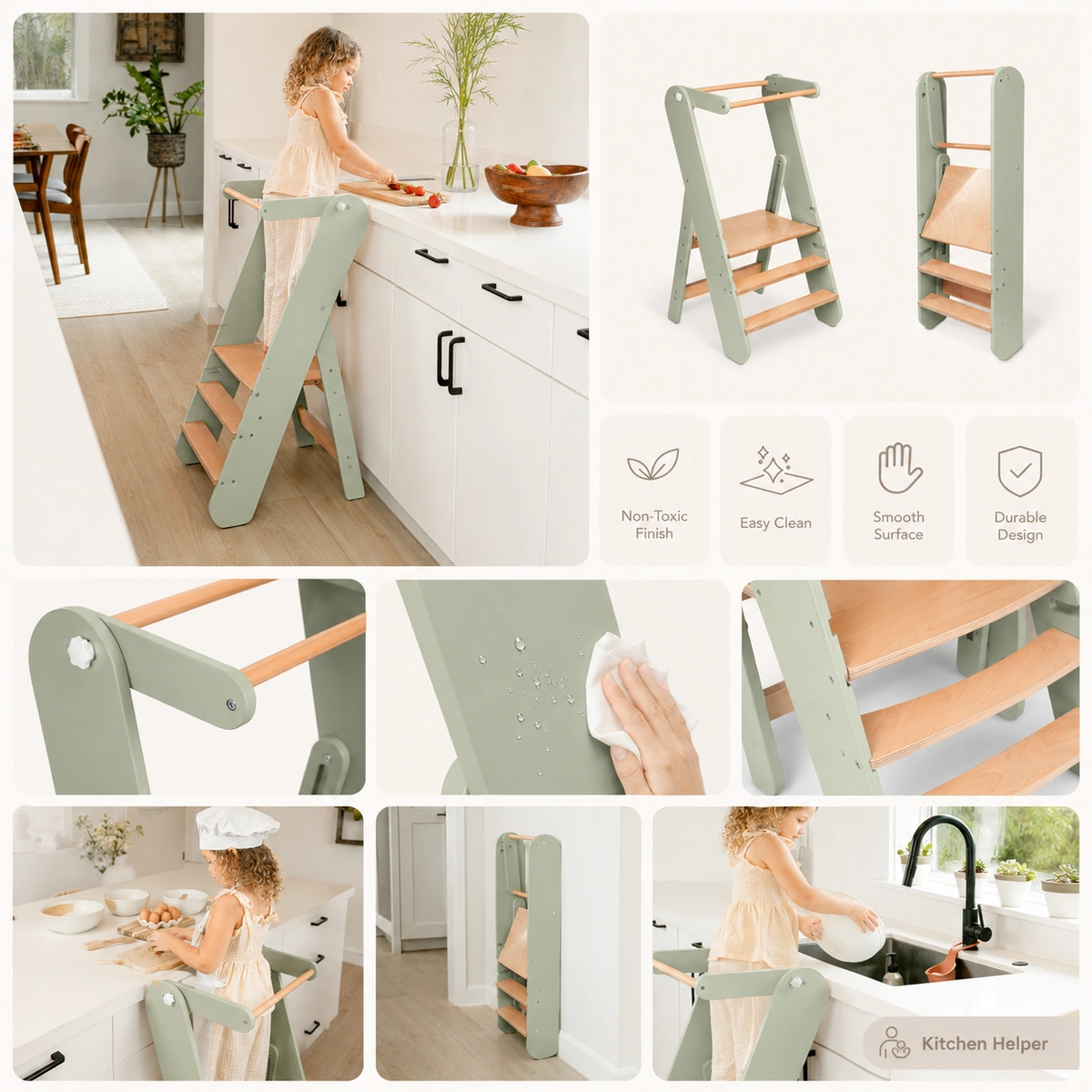 Foldable learning tower showing compact stored positions and folding joint details