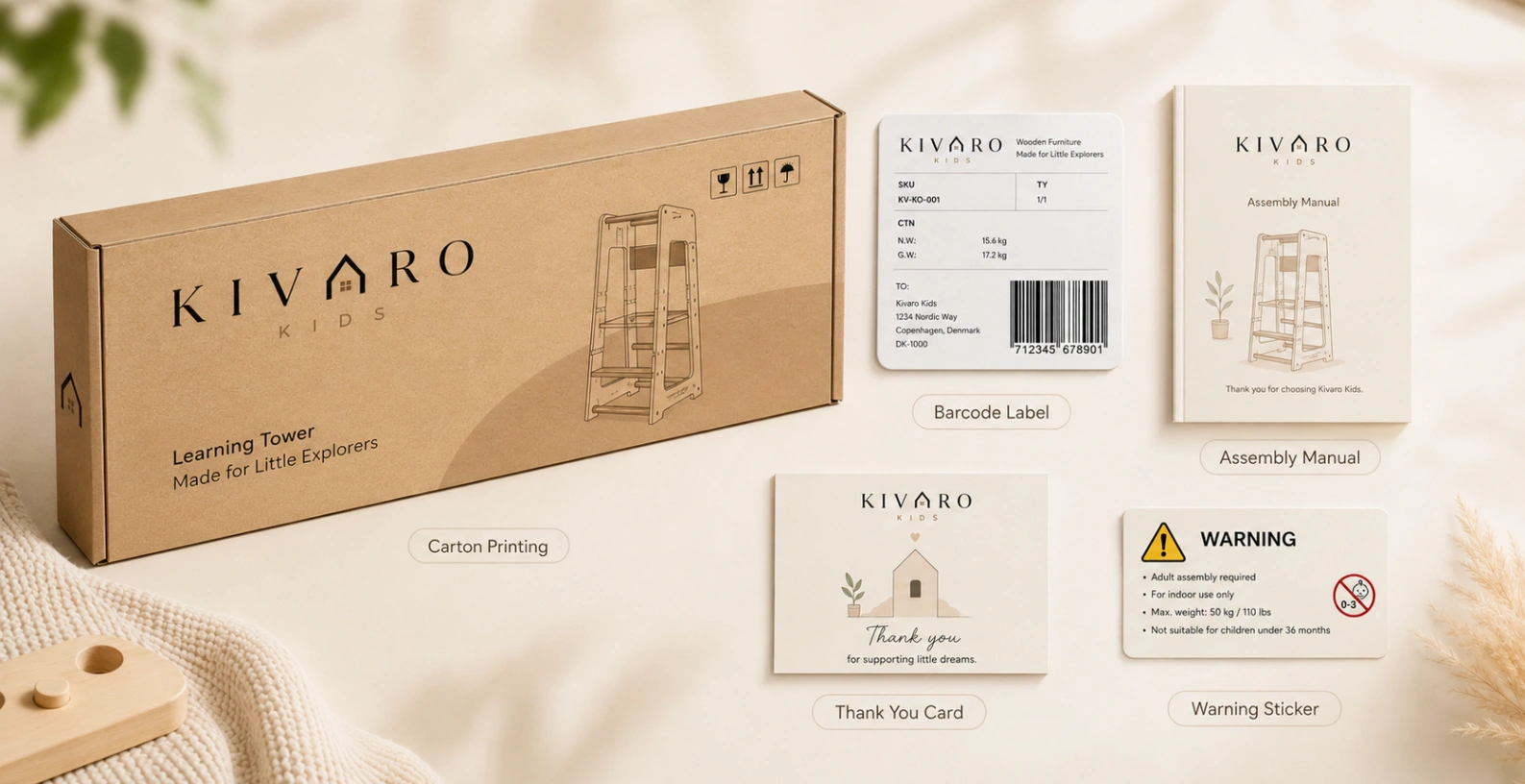 Private-label flat-pack learning tower packaging design